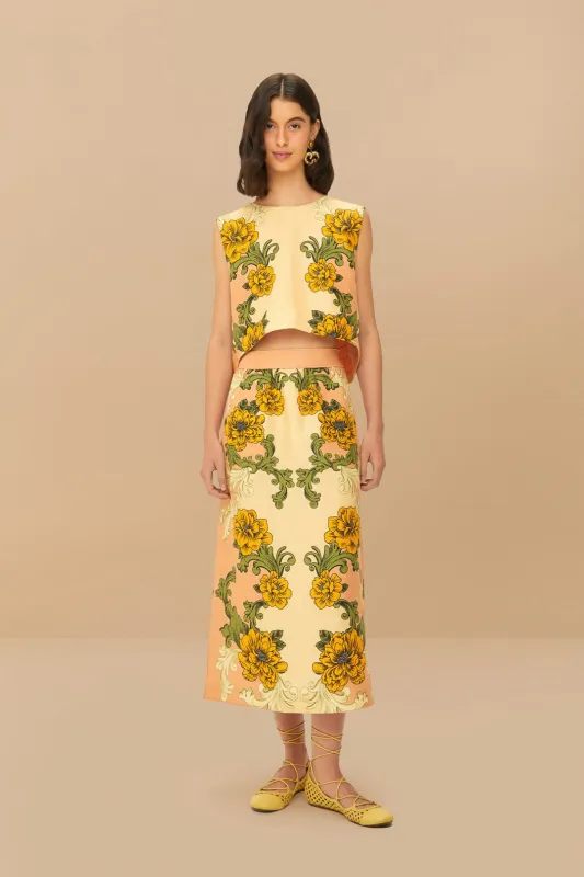Cream Delicate Flower Arabesques Euroflax™ Premium Linen Midi Skirt sold by FARM Rio
