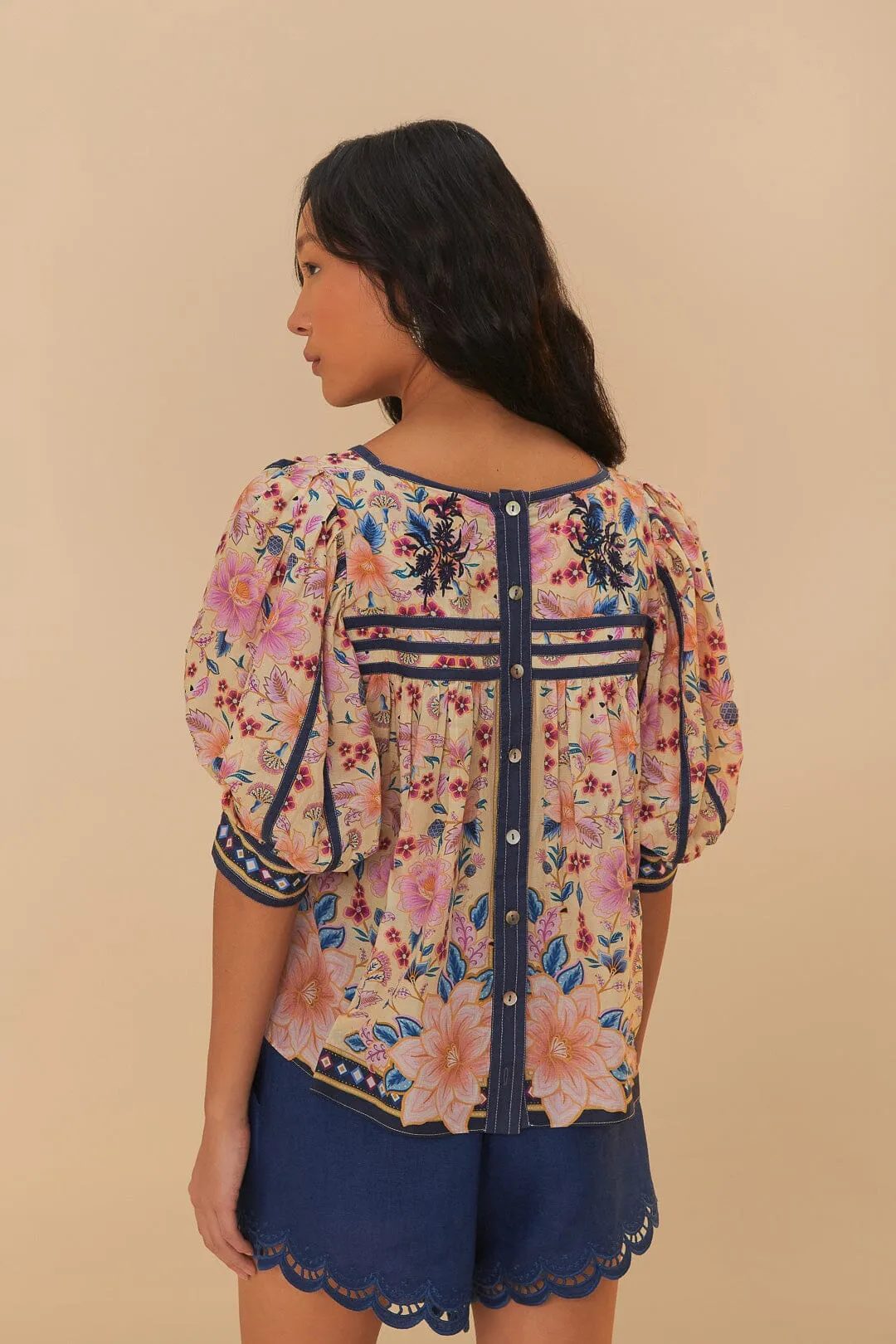 Cream Superbloom Tapestry Puff Sleeve Blouse sold by FARM Rio product image thumbnail 4
