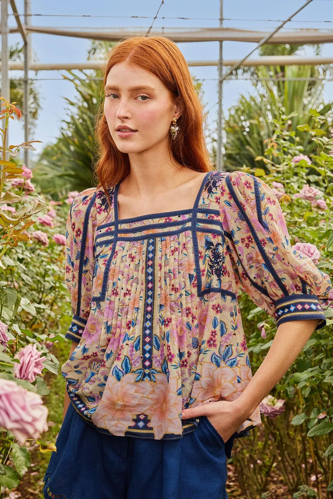 Cream Superbloom Tapestry Puff Sleeve Blouse sold by FARM Rio