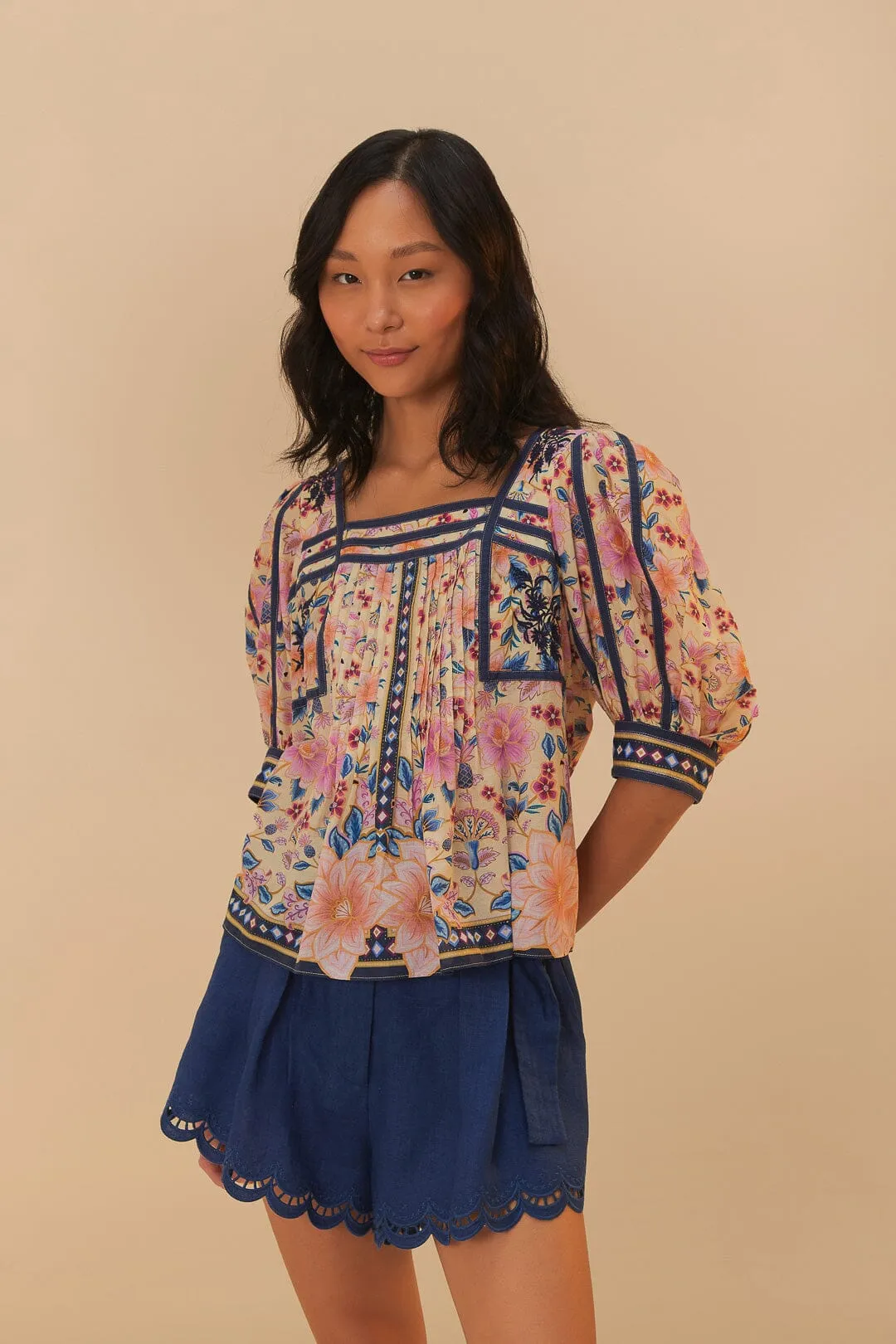 Cream Superbloom Tapestry Puff Sleeve Blouse sold by FARM Rio product image thumbnail 2