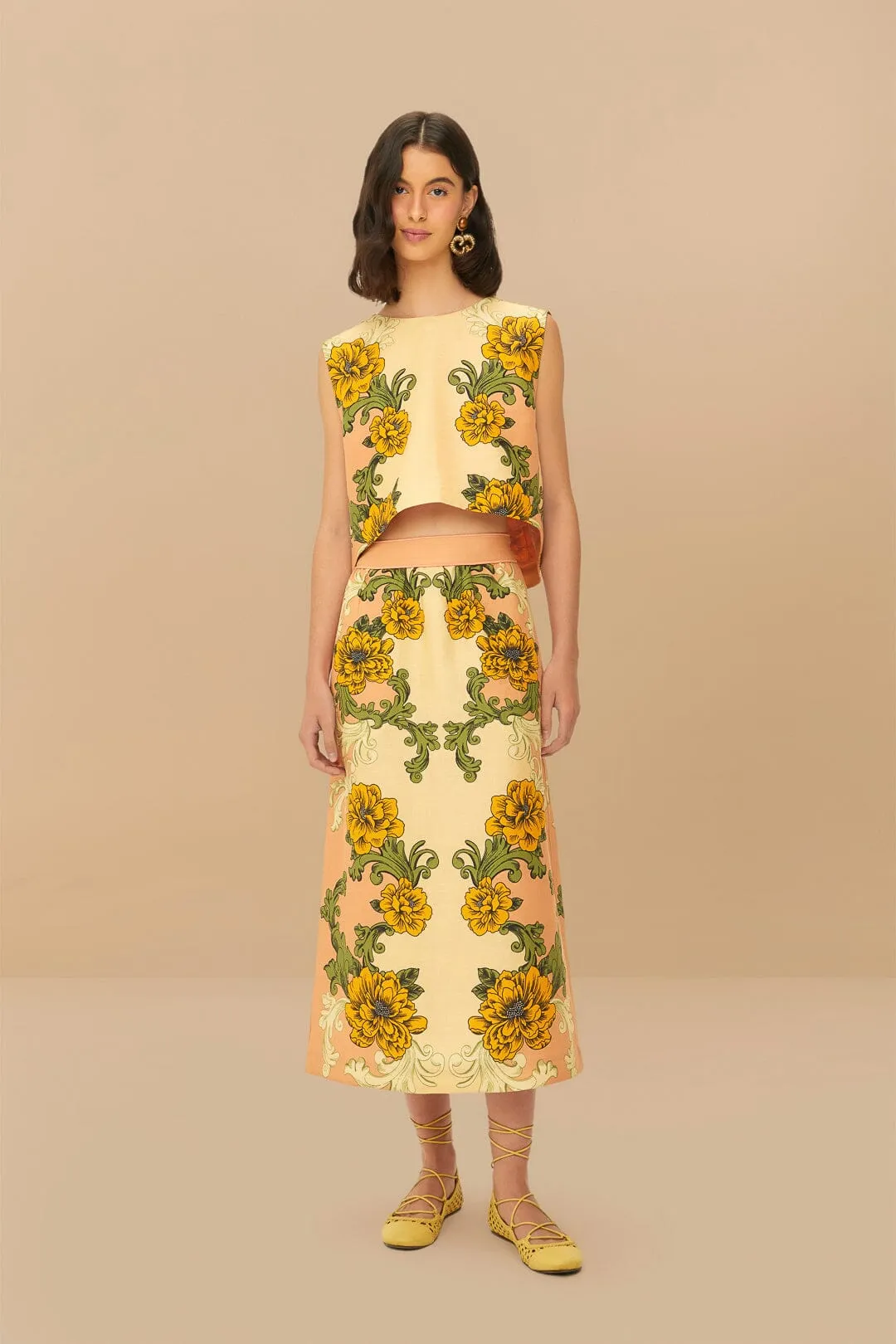 Cream Delicate Flower Arabesques Euroflax™ Premium Linen Crop Top sold by FARM Rio