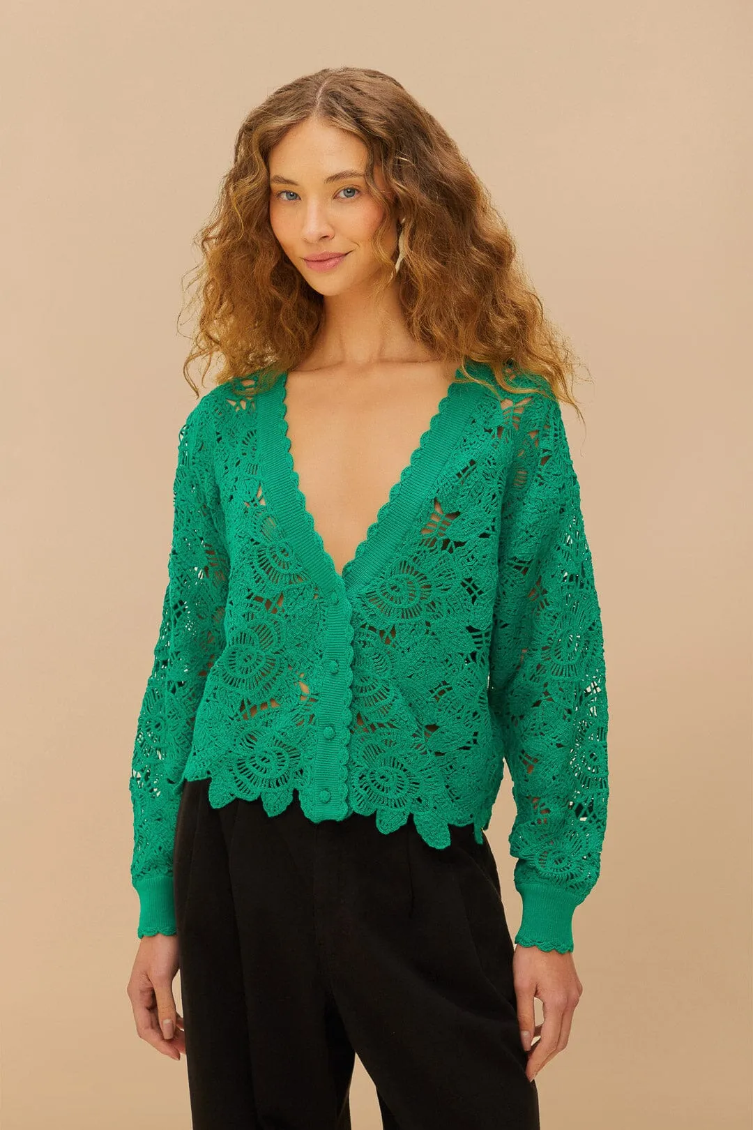 Green Flower Crochet Cardigan sold by FARM Rio