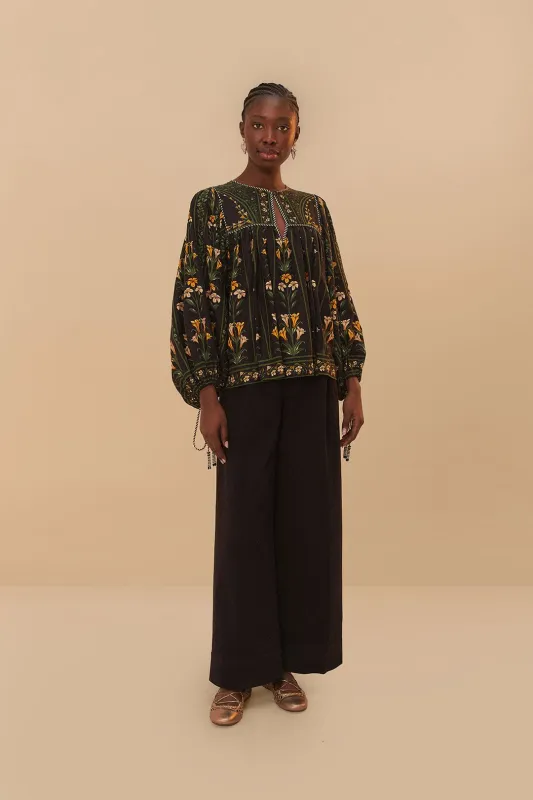 Black Twill Belted Wide Pants sold by FARM Rio