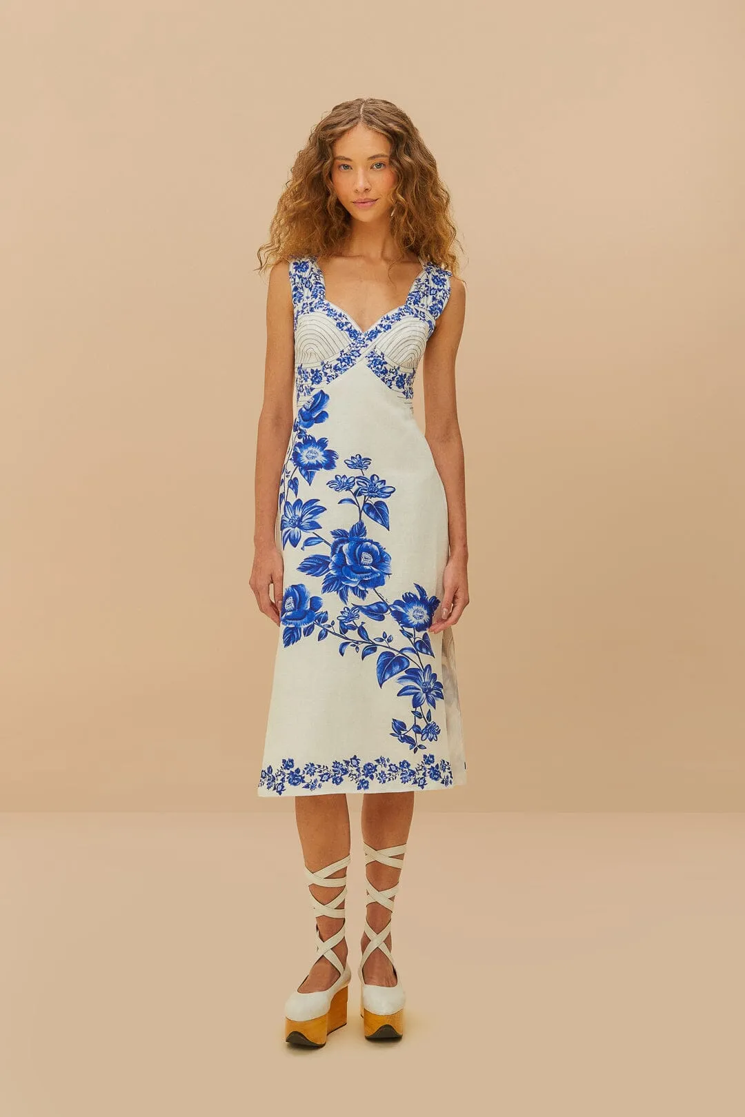Off-White Floral Cascade Wavy Euroflax™ Premium Linen Midi Dress sold by FARM Rio