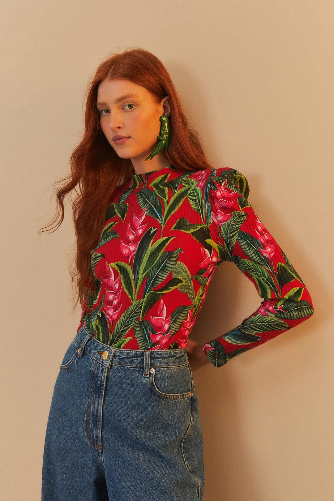 Red Dream Garden Long Sleeve Bodysuit sold by FARM Rio