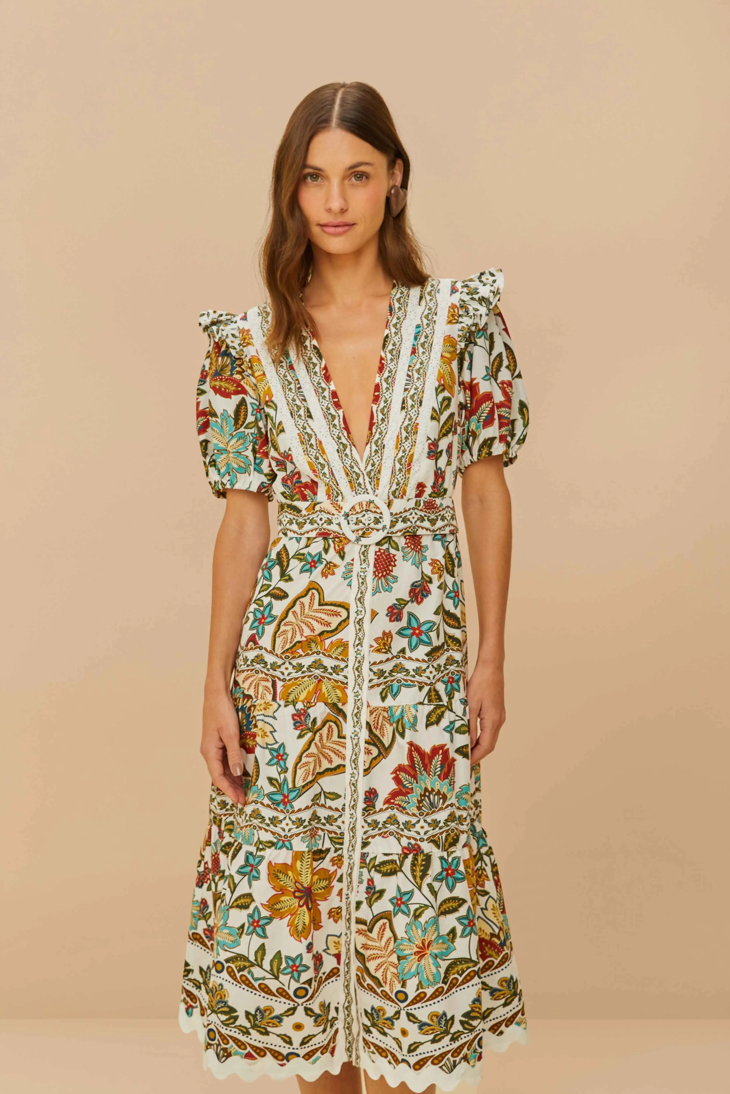 Off-White Botanicals Belted Midi Dress sold by FARM Rio product image thumbnail 3