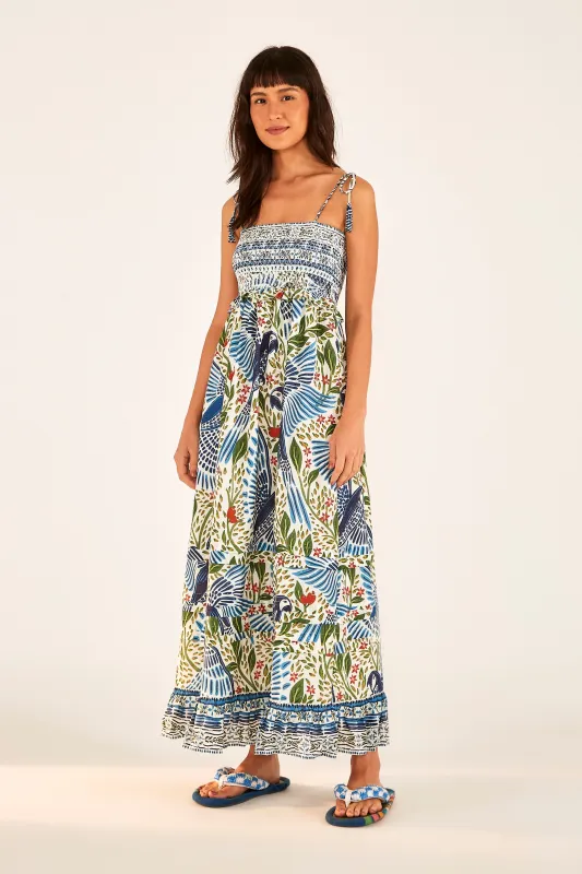 Off White Macaw Flight Smocked Maxi Dress sold by FARM Rio