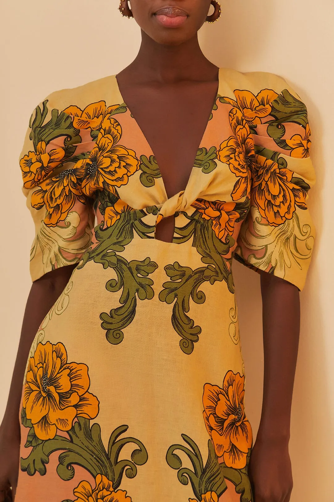 Cream Delicate Flower Arabesques Euroflax™ Premium Linen Midi Dress sold by FARM Rio product image thumbnail 3