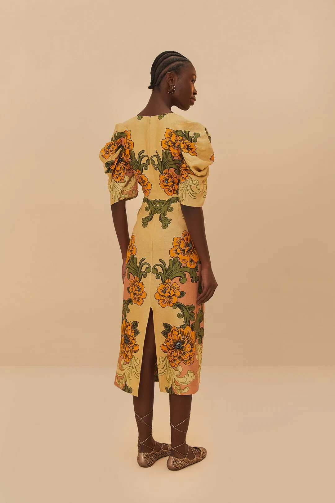 Cream Delicate Flower Arabesques Euroflax™ Premium Linen Midi Dress sold by FARM Rio product image thumbnail 4