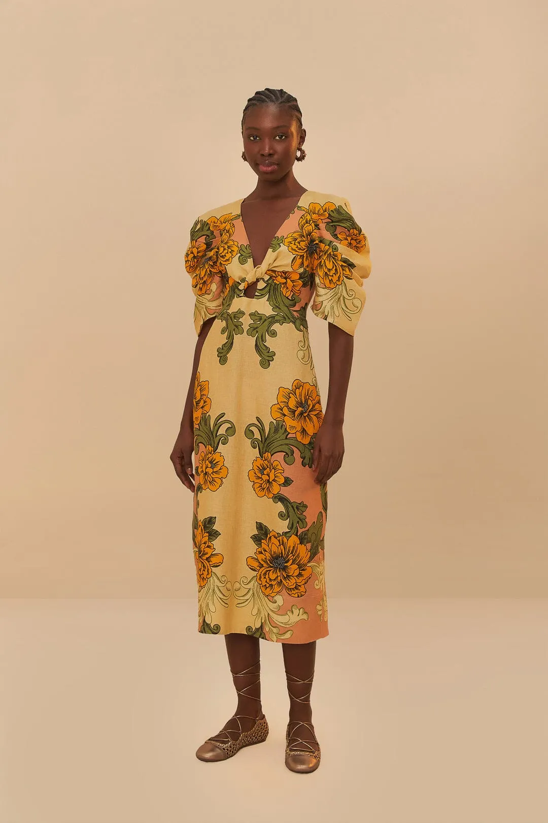 Cream Delicate Flower Arabesques Euroflax™ Premium Linen Midi Dress sold by FARM Rio