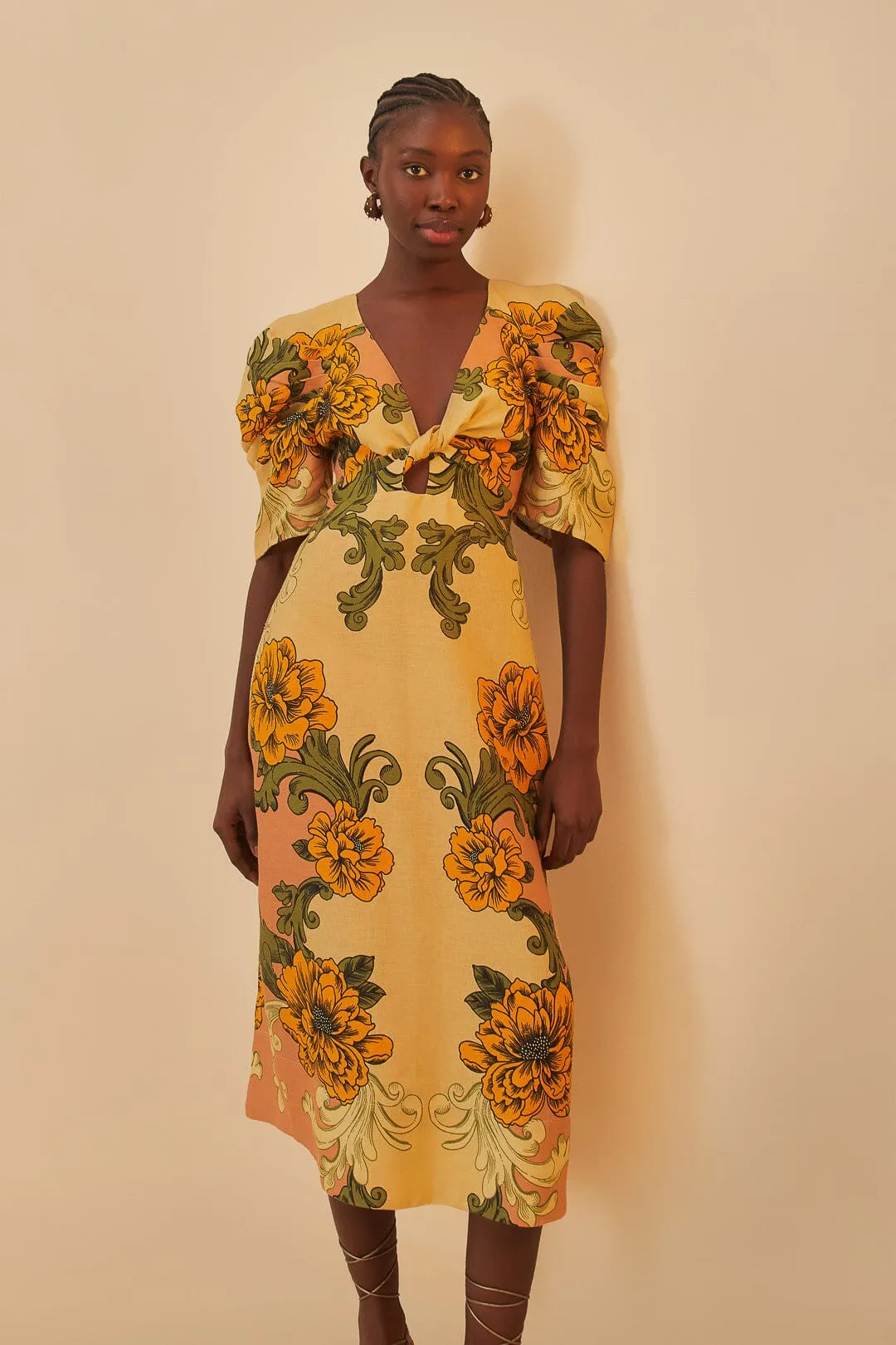 Cream Delicate Flower Arabesques Euroflax™ Premium Linen Midi Dress sold by FARM Rio product image thumbnail 2