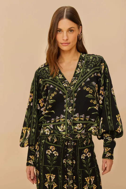 Black Flowers Arch Knit Cardigan sold by FARM Rio