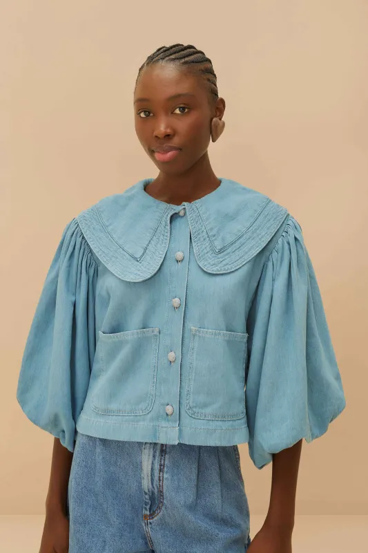 Denim Notched Lapel Shirt sold by FARM Rio