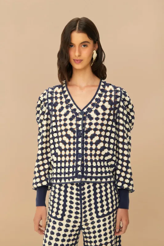 Blue & White Crochet Cardigan made by FARM Rio