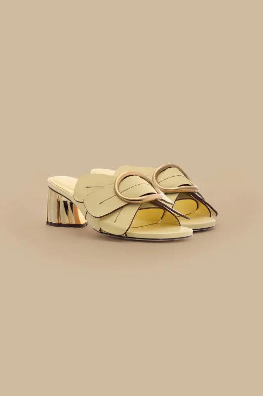 Banana Yellow Daisy Heeled Mule sold by FARM Rio
