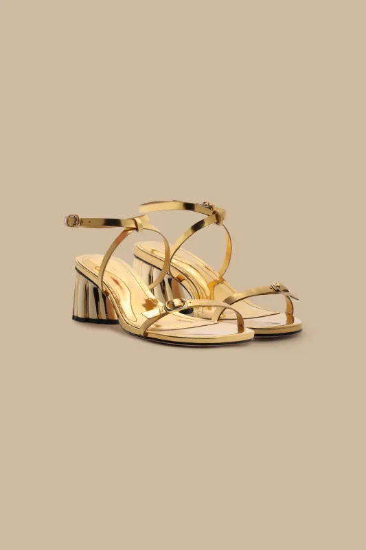 Gold Monstera Heeled Scallop Sandal sold by FARM Rio