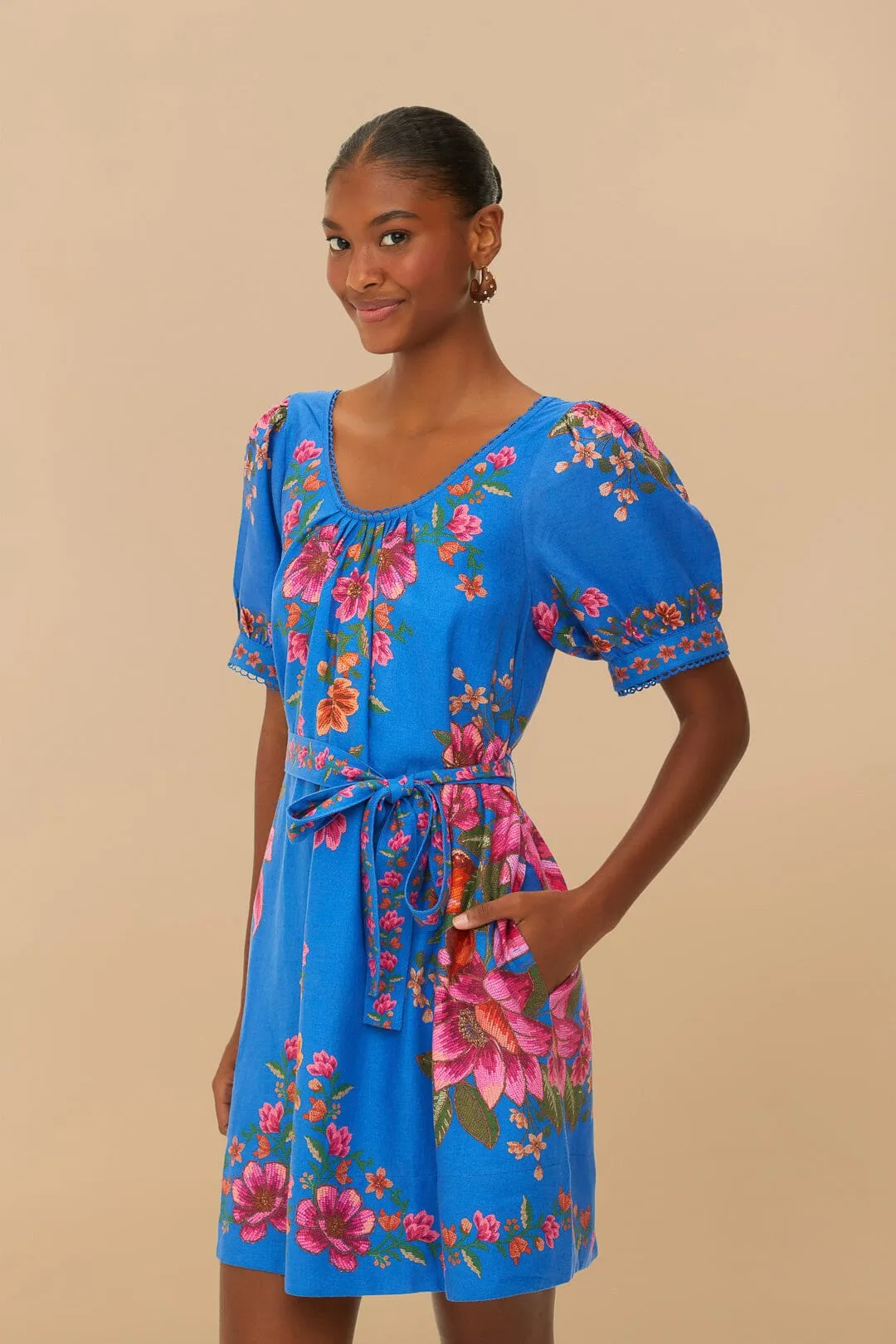 Blue Summer Fruit Scarf Euroflax™ Premium Linen Mini Dress sold by FARM Rio