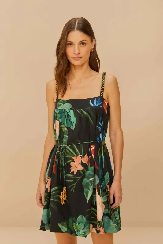 Black Midnight Macaw Fiesta LENZING™ ECOVERO™ Euroflax™ Mini Dress sold by FARM Rio