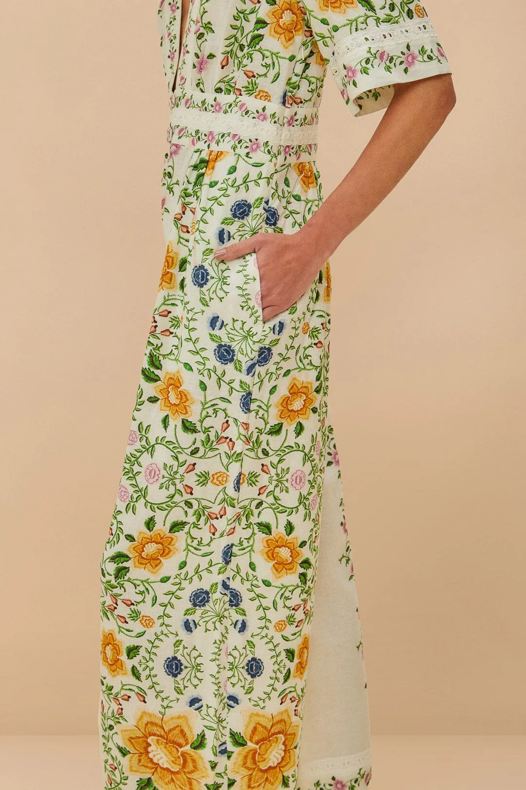 Off-White Folk Floral LENZING™ ECOVERO™ Euroflax™ Jumpsuit sold by FARM Rio product image thumbnail 3