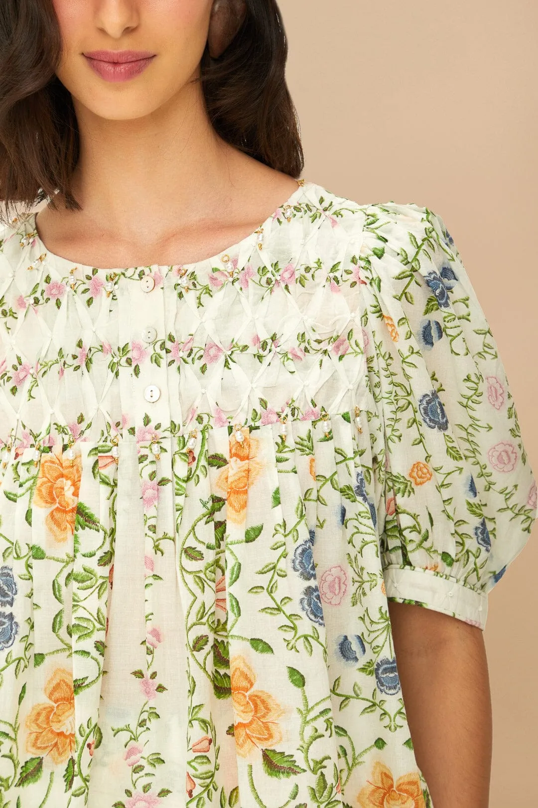 Folk Floral Off-White Scoop Neck Short Sleeve Blouse sold by FARM Rio product image thumbnail 3
