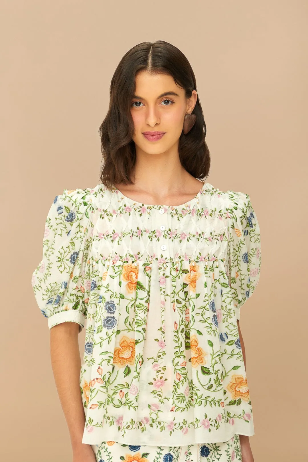 Folk Floral Off-White Scoop Neck Short Sleeve Blouse sold by FARM Rio