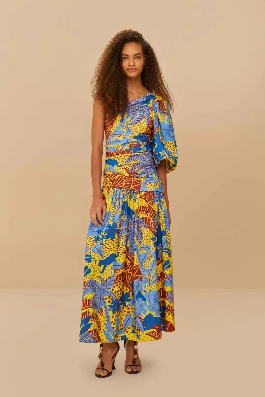 Yellow Jungle Panther One-Shoulder Midi Dress sold by FARM Rio