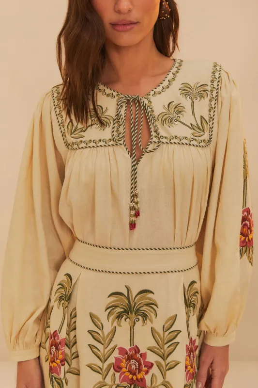 Sand Tropical Flower Embroidered LENZING™ ECOVERO™ Euroflax™ Blouse sold by FARM Rio