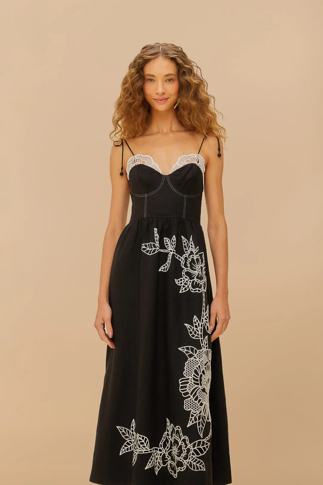 Black Richelieu Lace Euroflax™ Premium Linen Midi Dress sold by FARM Rio product image thumbnail 2