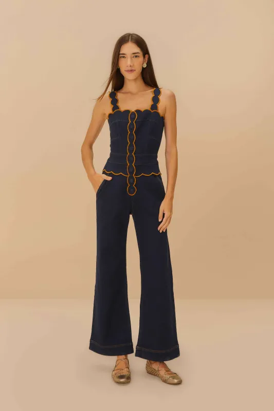 Dark Denim Wavy Trim Jumpsuit sold by FARM Rio