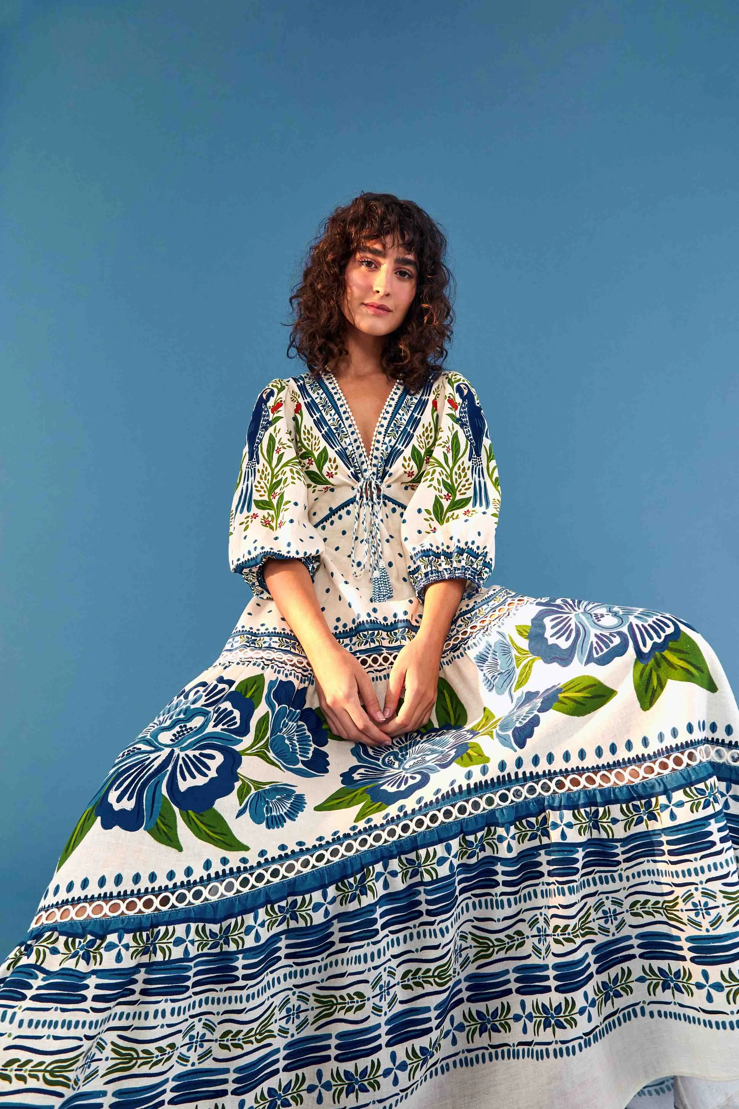 Off White Macaw Flight Maxi Dress sold by FARM Rio