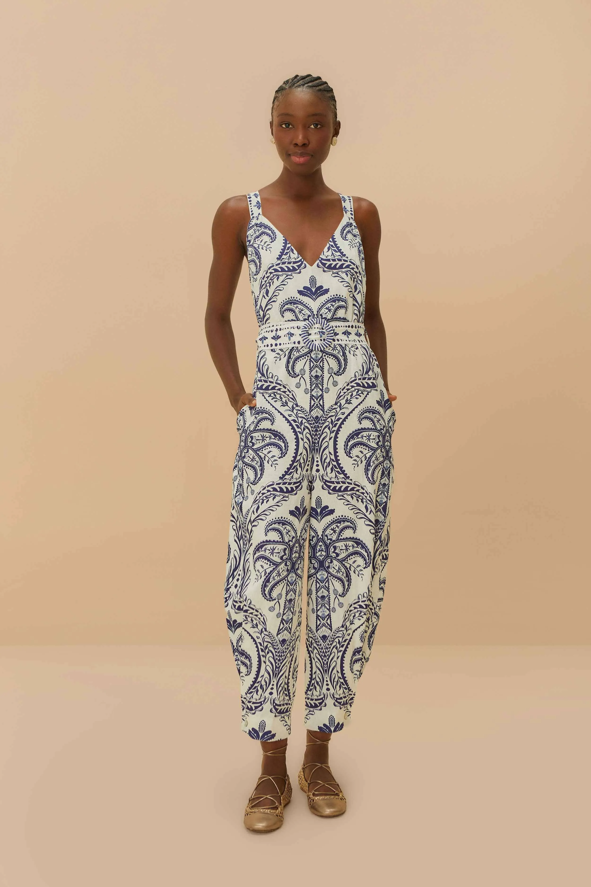 Off-White Tropical Cameo LENZING™ ECOVERO™ Euroflax™ Jumpsuit sold by FARM Rio