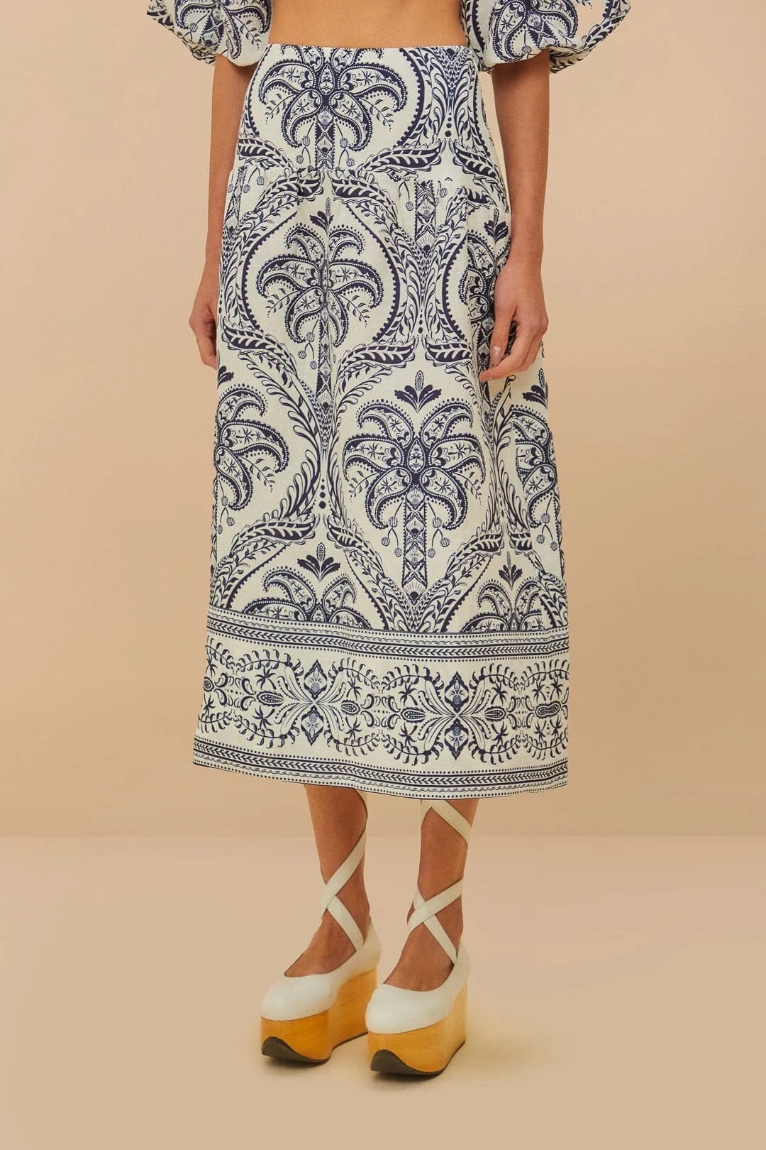 Off-White Tropical Cameo Euroflax™ Premium Linen Midi Skirt sold by FARM Rio product image thumbnail 2