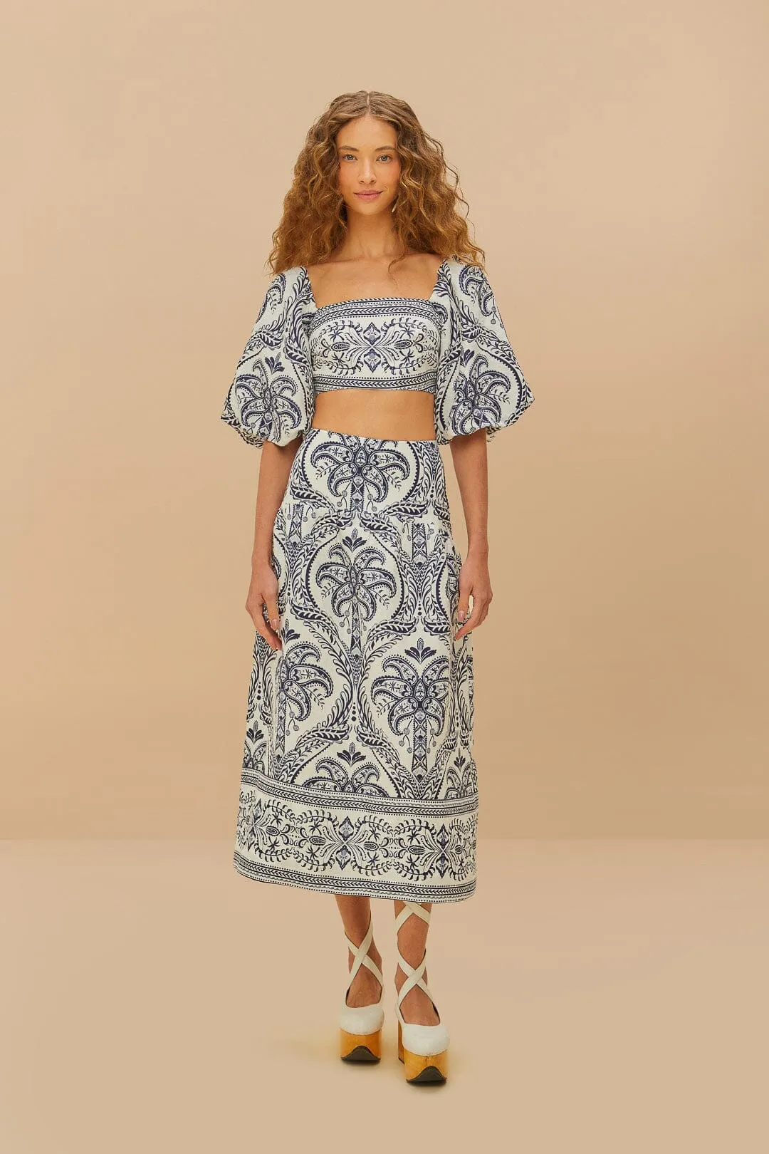 Off-White Tropical Cameo Euroflax™ Premium Linen Midi Skirt sold by FARM Rio