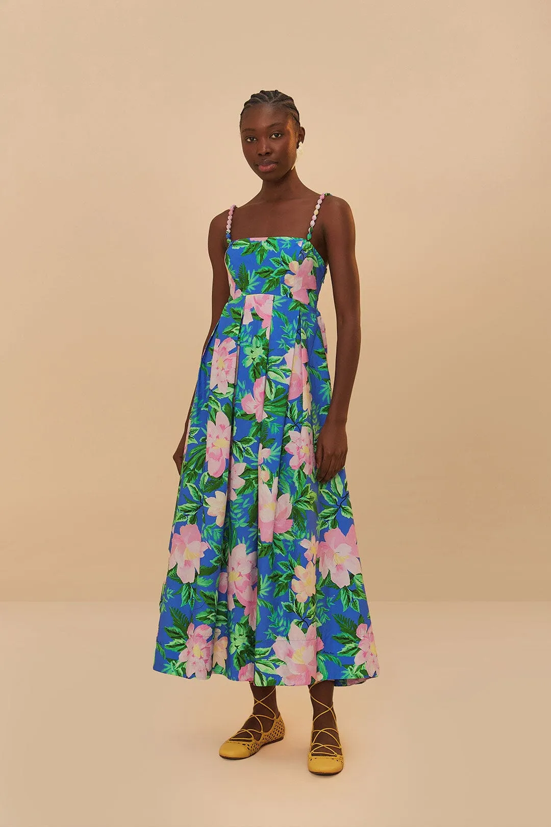 Blue Painted Flowers Organic Cotton Midi Dress sold by FARM Rio