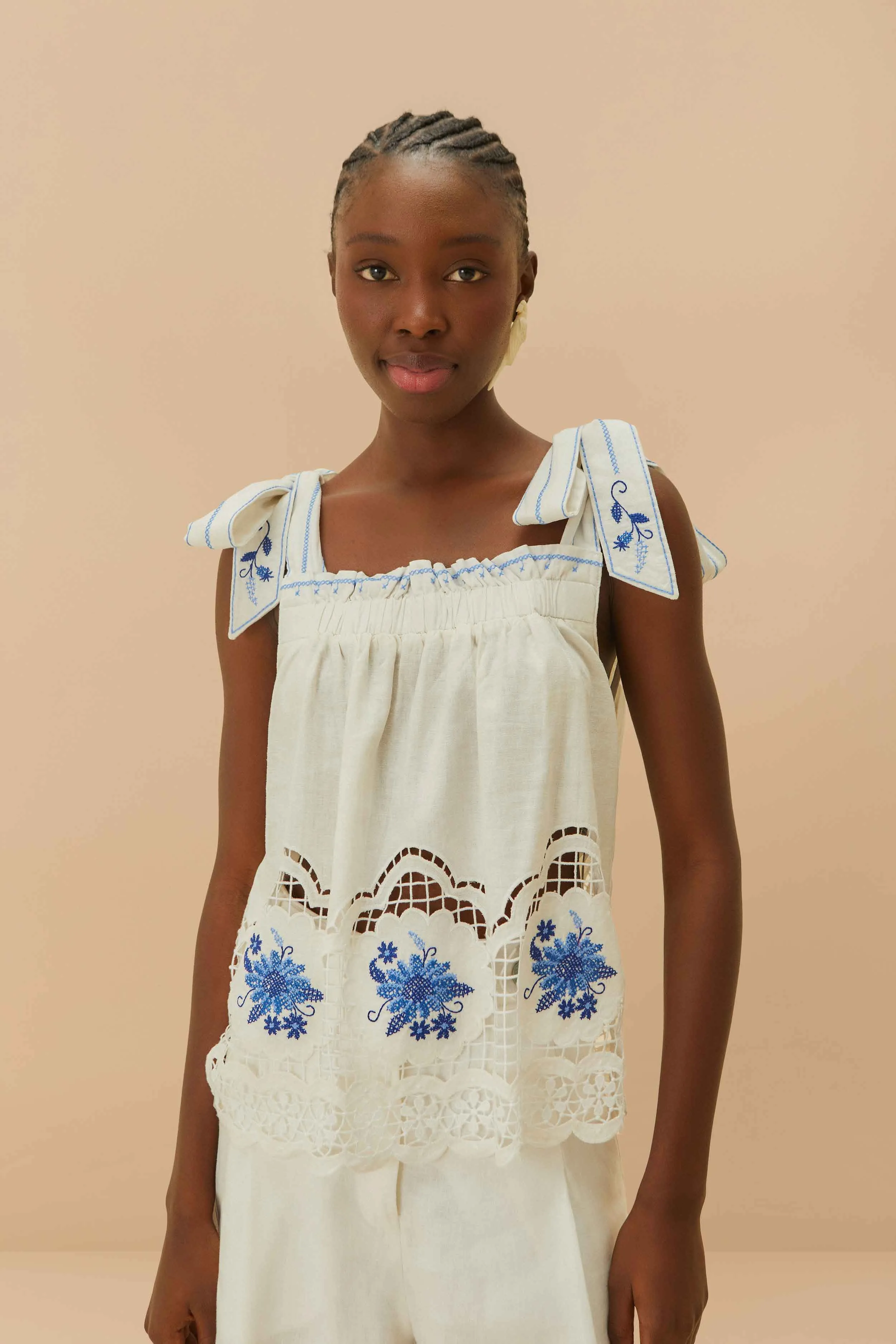 White Daisy Embroidery LENZING™ ECOVERO™ Euroflax™ Blouse sold by FARM Rio