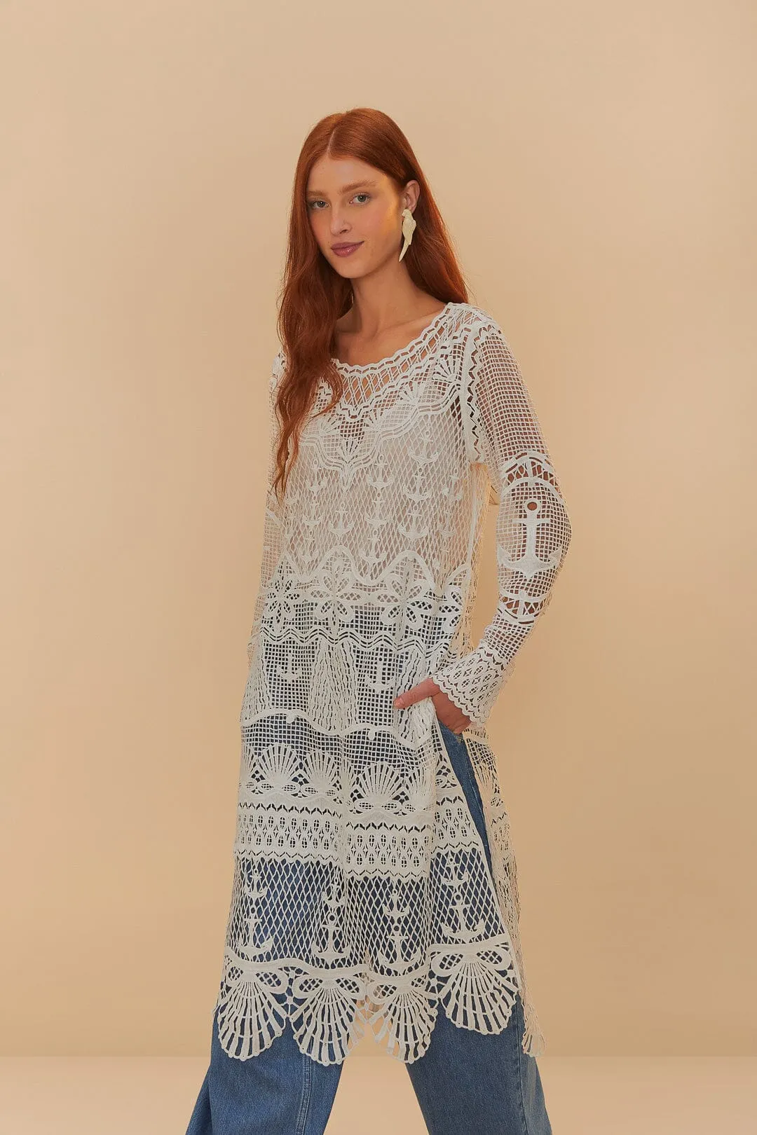 Off-White Nautical Guipure Long Sleeve Midi Dress sold by FARM Rio product image thumbnail 2