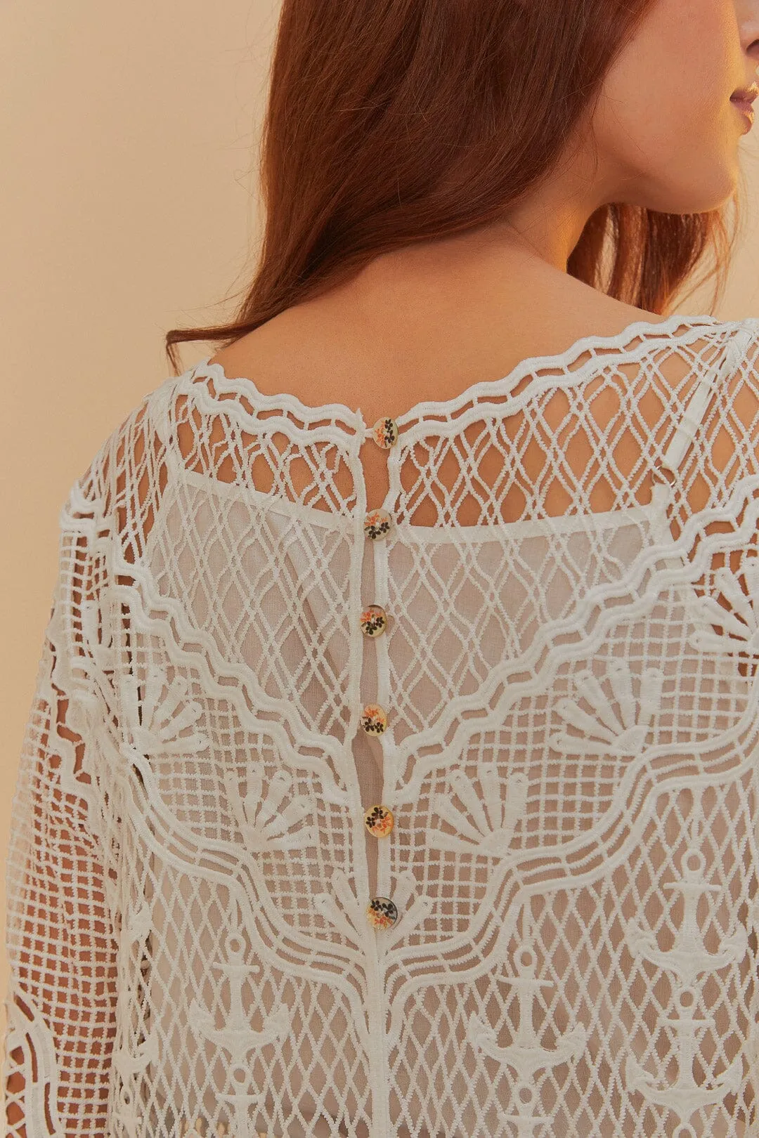 Off-White Nautical Guipure Long Sleeve Midi Dress sold by FARM Rio product image thumbnail 4