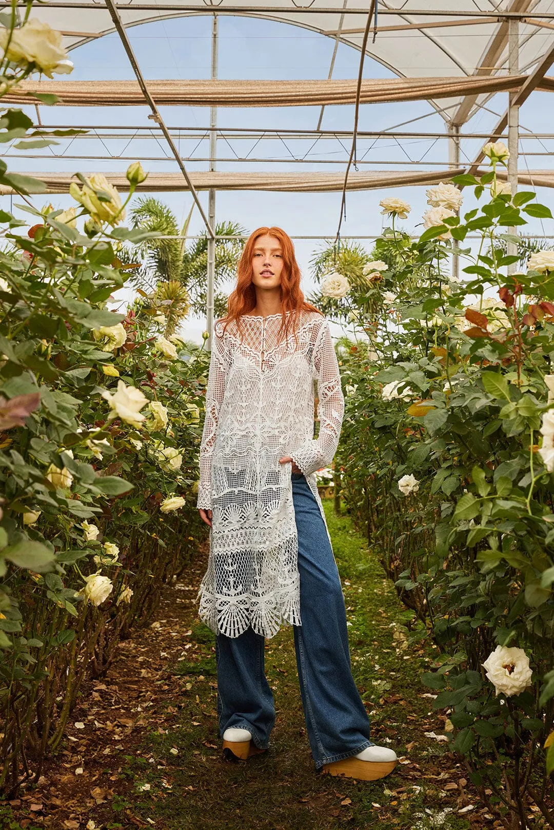 Off-White Nautical Guipure Long Sleeve Midi Dress sold by FARM Rio