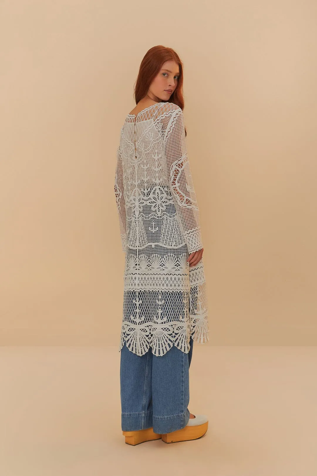 Off-White Nautical Guipure Long Sleeve Midi Dress sold by FARM Rio product image thumbnail 5