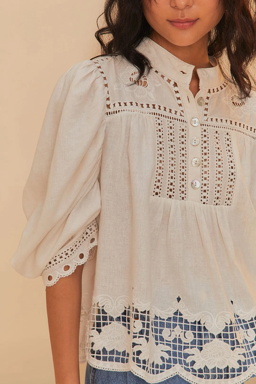 Off-White Romantic Richelieu LENZING™ ECOVERO™ Euroflax™ Blouse sold by FARM Rio product image thumbnail 2