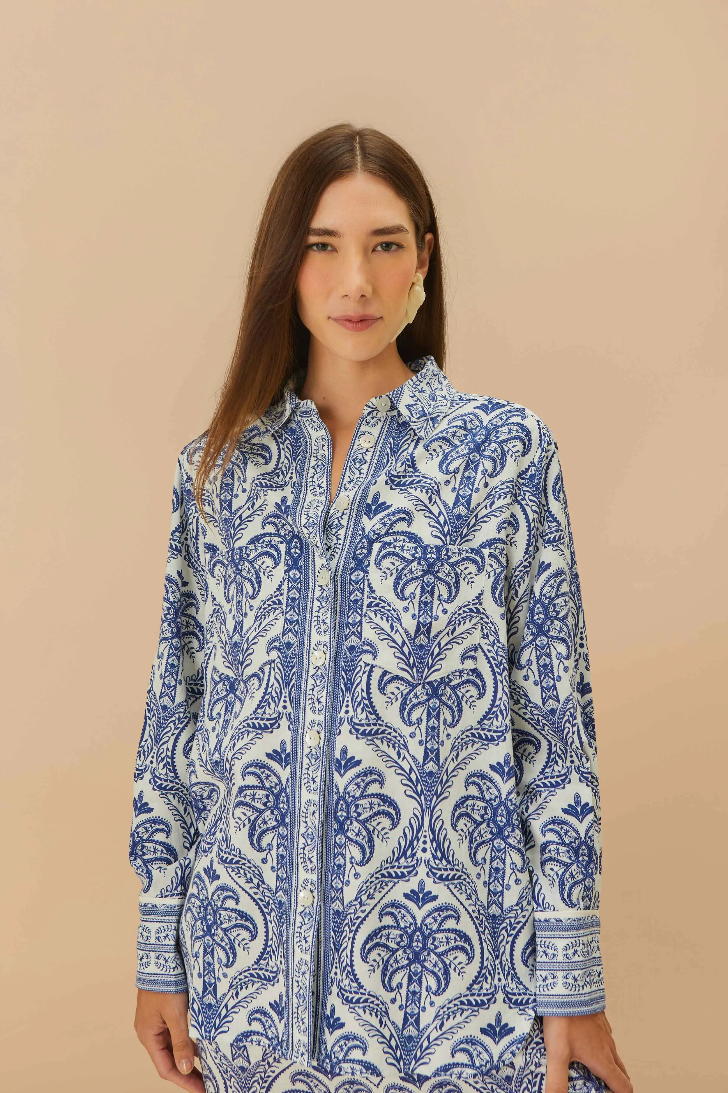 Off-White Tropical Cameo LENZING™ ECOVERO™ Euroflax™ Pajama Shirt sold by FARM Rio