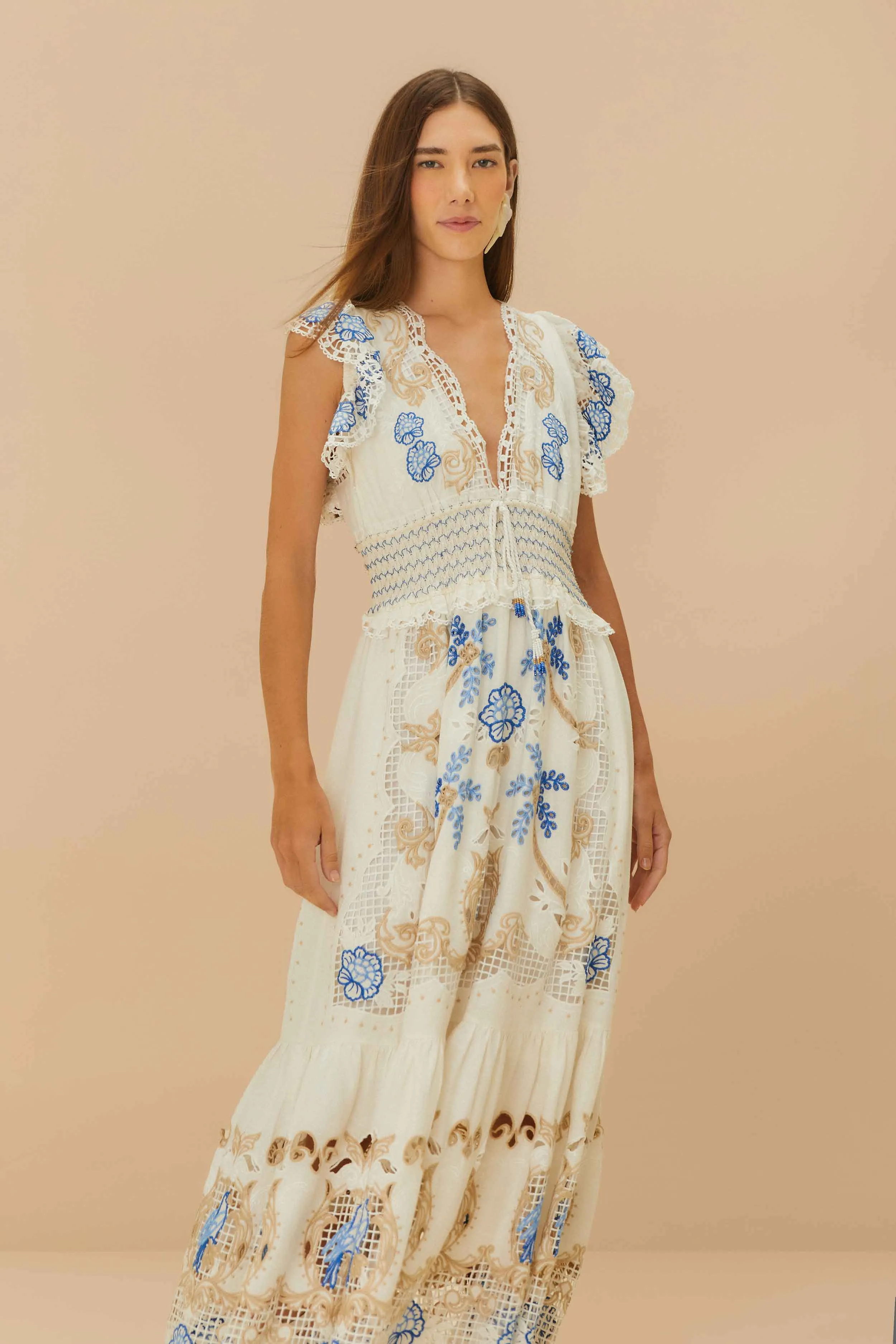 Off-White Romantic Richelieu LENZING™ ECOVERO™ Euroflax™ Maxi Dress sold by FARM Rio product image thumbnail 2