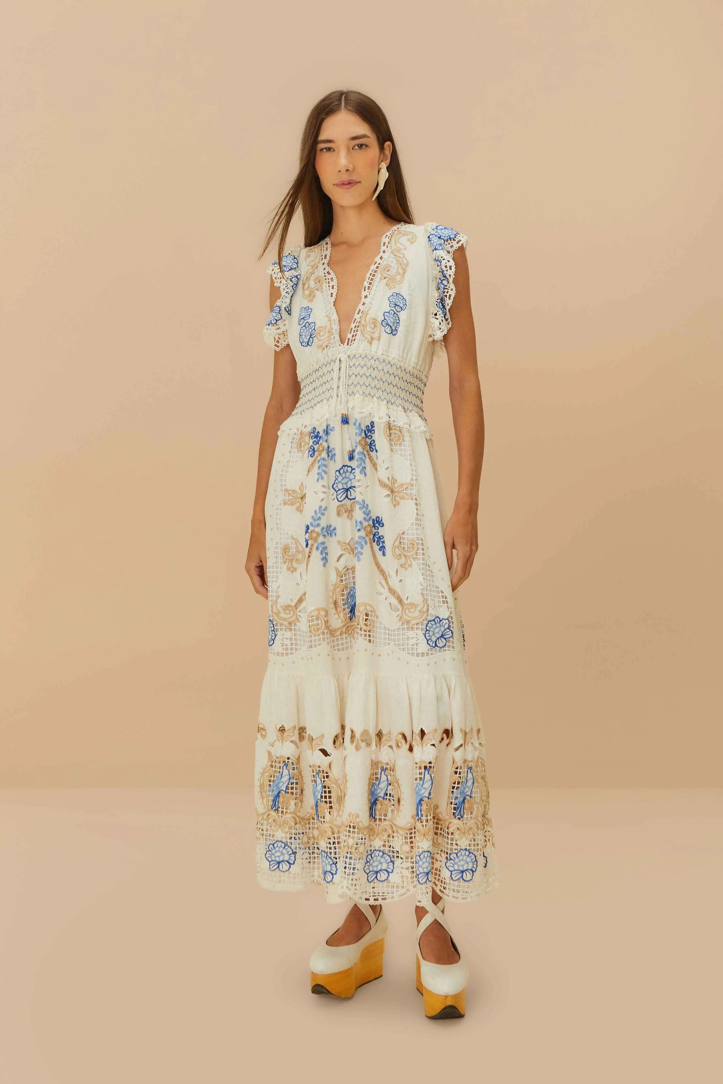 Off-White Romantic Richelieu LENZING™ ECOVERO™ Euroflax™ Maxi Dress sold by FARM Rio