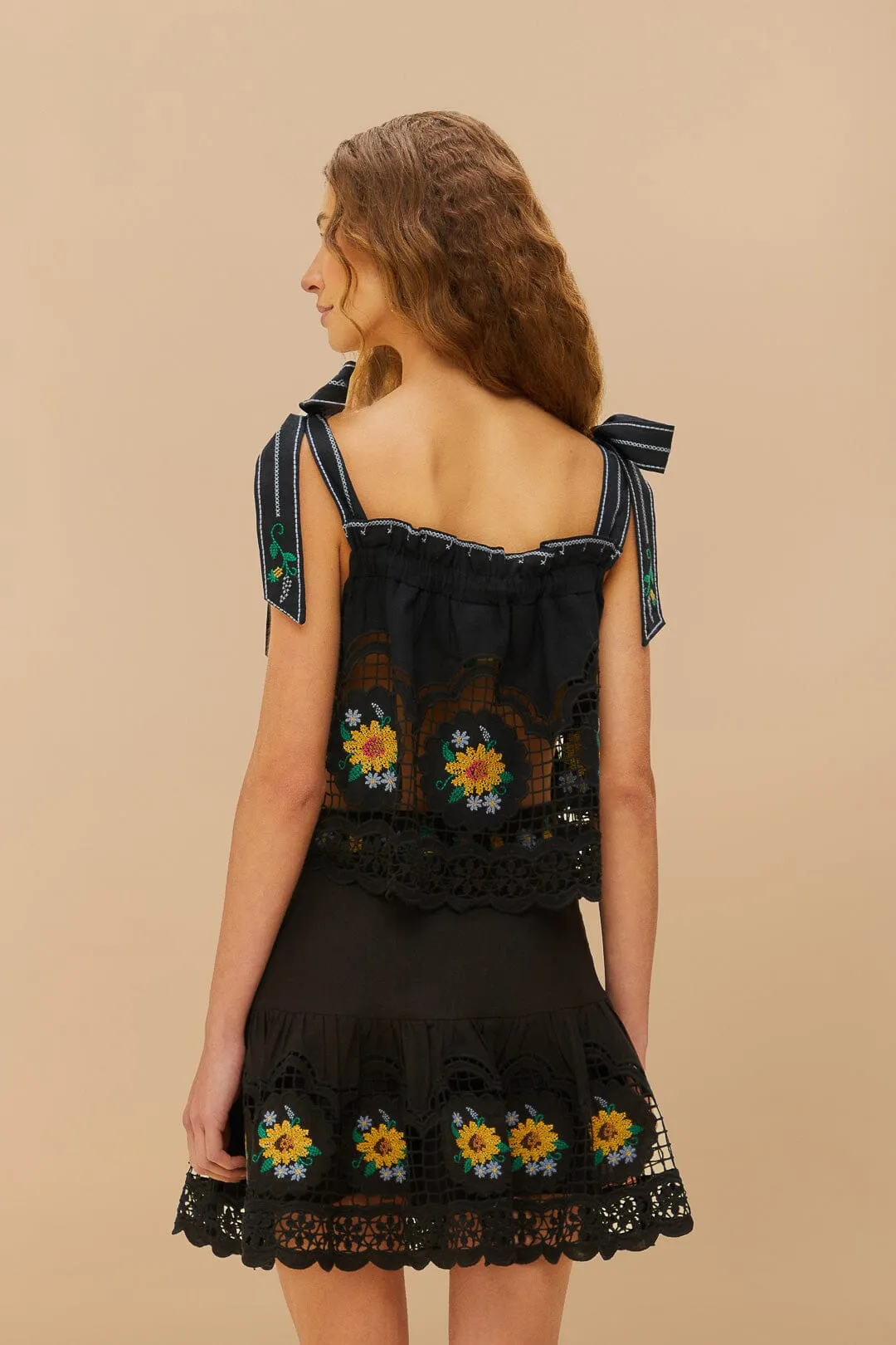 Black Cross Stitch Sunflower Richelieu LENZING™ ECOVERO™ Euroflax™ Mini Skirt sold by FARM Rio product image thumbnail 3