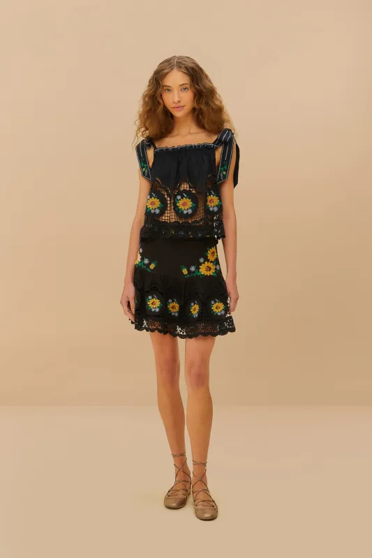 Black Cross Stitch Sunflower Richelieu LENZING™ ECOVERO™ Euroflax™ Mini Skirt sold by FARM Rio