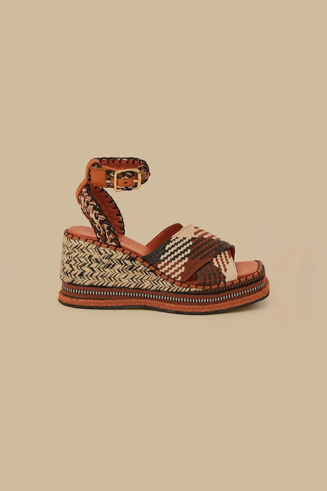 Rust Multi Texture Wedge Sandal sold by FARM Rio