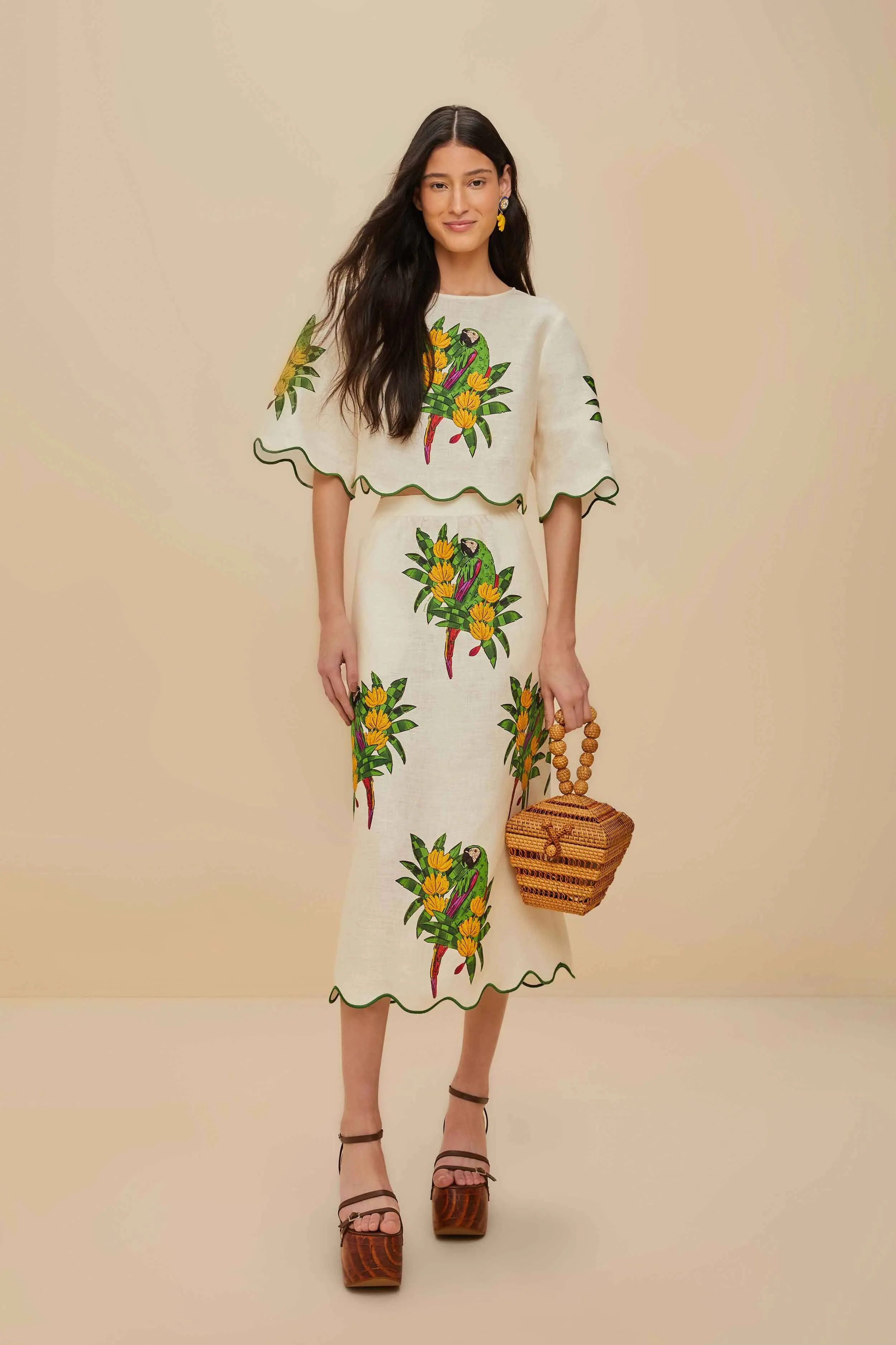 Off-White Maracana Bird Euroflax™ Premium Linen Midi Skirt sold by FARM Rio