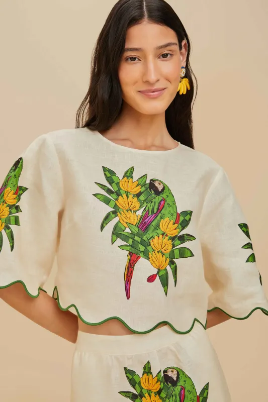 Off-White Maracana Bird Euroflax™ Premium Linen Blouse sold by FARM Rio