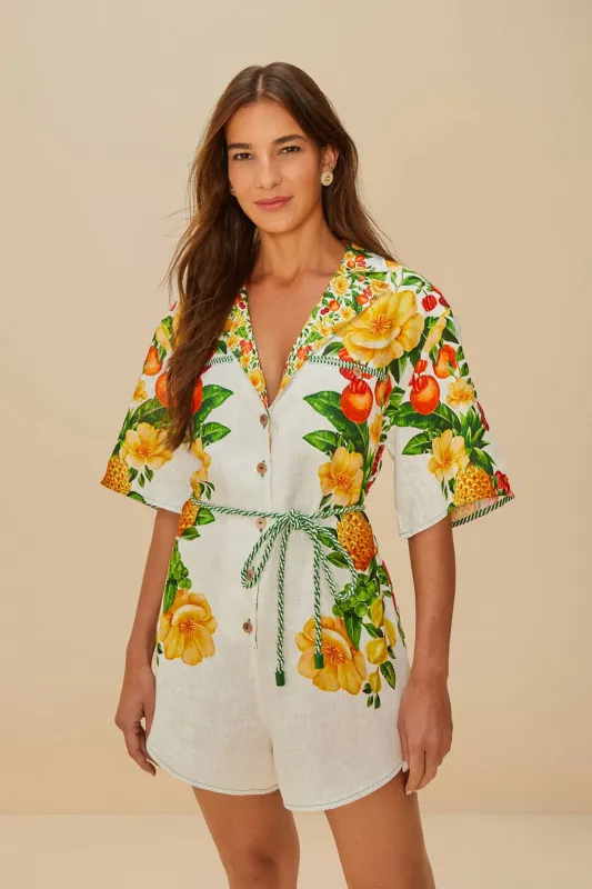 Off-White Picnic Flowers Euroflax™ Premium Linen Romper sold by FARM Rio