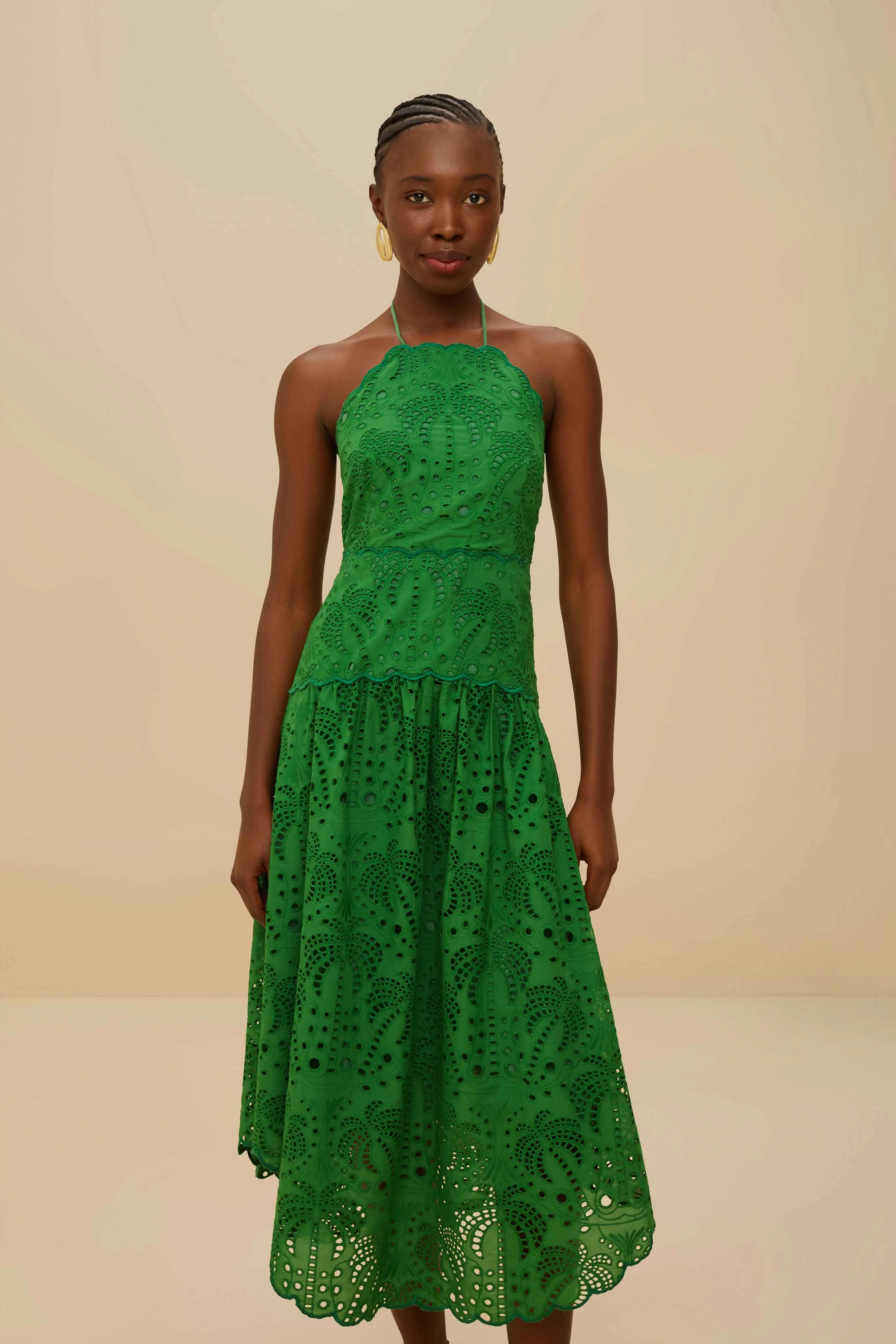 Green Palm Tree Eyelet Halter Neck Midi Dress sold by FARM Rio product image thumbnail 3